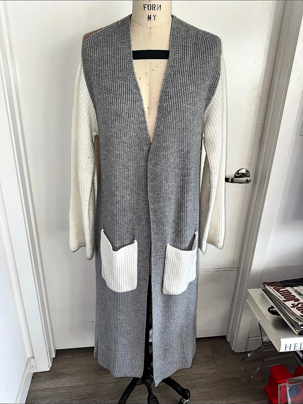 Elan Color Block Long Cardigan Gray & Brown Size Large